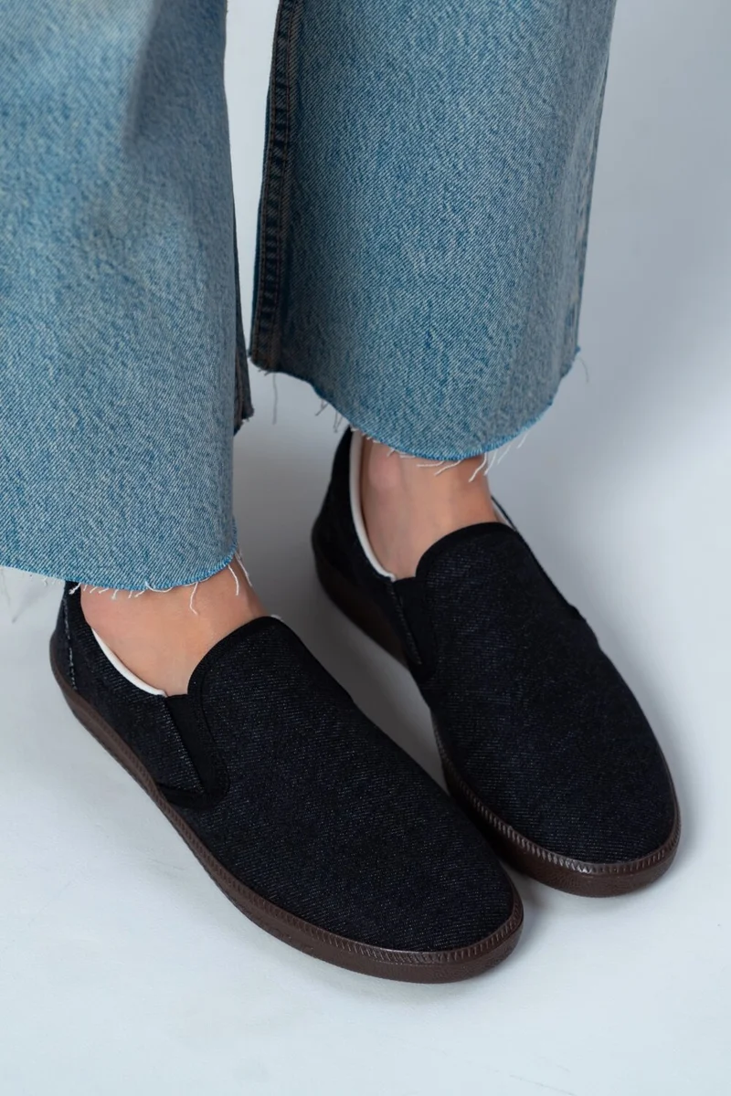 Nişantaşı Shoes Tweety Anthracite Denim Rubber Detailed Flat Sole Women's Ballerinas