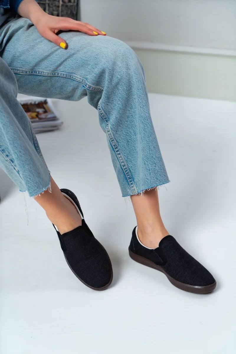 Nişantaşı Shoes Tweety Anthracite Denim Rubber Detailed Flat Sole Women's Ballerinas