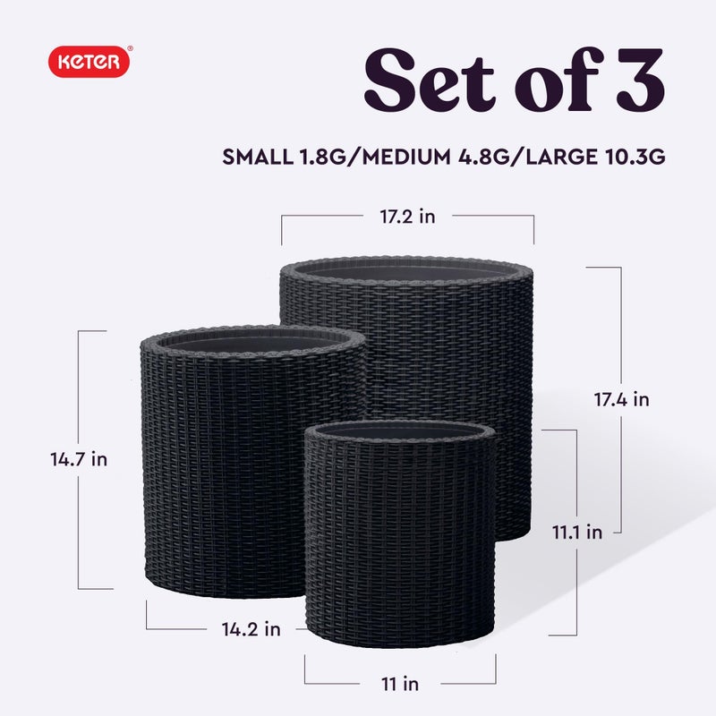 Keter Cylinder Set of 3 Rattan Resin Planter for Indoor and Outdoor Plants Ideal Decorative Planter for Porches and Patio Decor, Black - Image 2