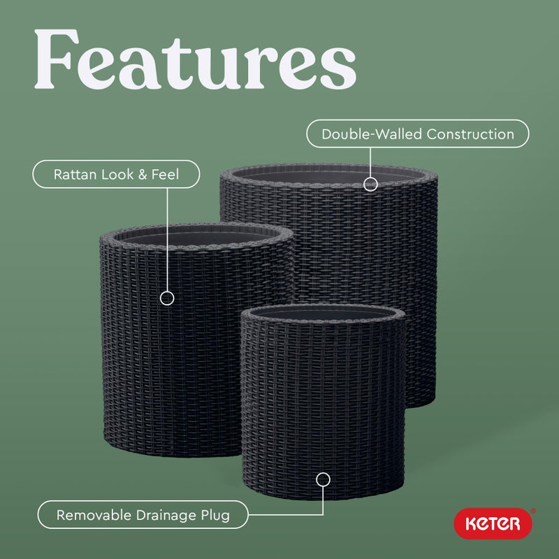 Keter Cylinder Set of 3 Rattan Resin Planter for Indoor and Outdoor Plants Ideal Decorative Planter for Porches and Patio Decor, Black - Image 3