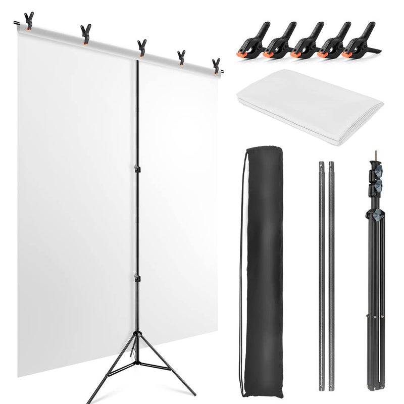 JEBUTU White Backdrop with Stand for Photoshoot, 5X6.5ft White Photo Backdrop with T Shape Background Backdrop Stand for Photography, Portable Photo Backdrop Curtain Stand Kit w Carrying Bag 5 Spring Clamps - Image 1