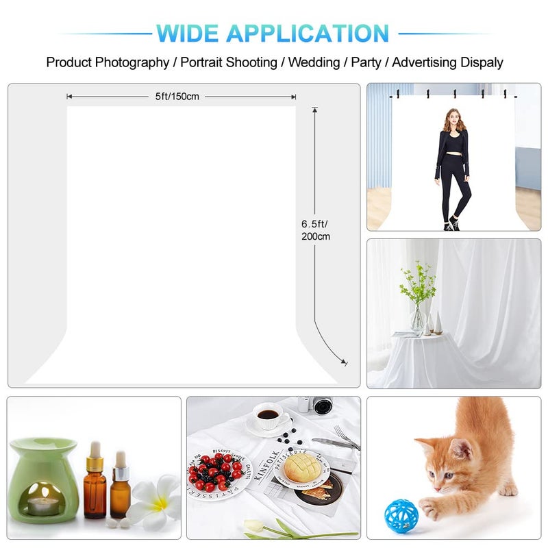 JEBUTU White Backdrop with Stand for Photoshoot, 5X6.5ft White Photo Backdrop with T Shape Background Backdrop Stand for Photography, Portable Photo Backdrop Curtain Stand Kit w Carrying Bag 5 Spring Clamps - Image 2
