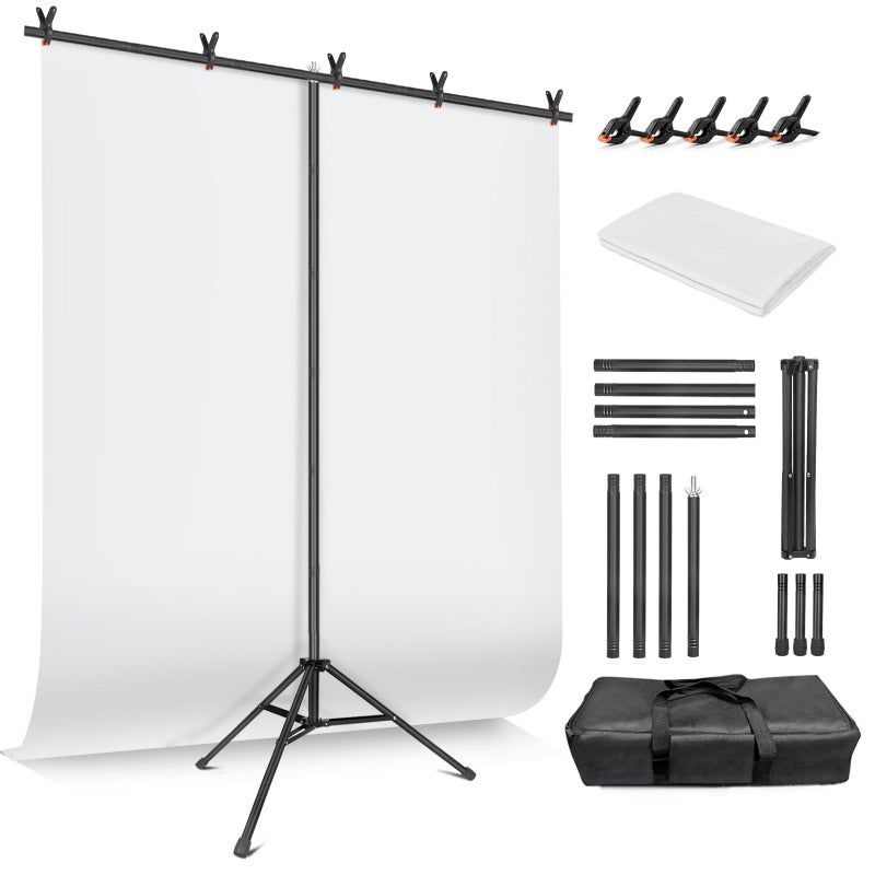 JEBUTU White Backdrop with Stand for Photoshoot, 5X6.5ft White Photo Backdrop with T Shape Background Backdrop Stand for Photography, Portable Photo Backdrop Curtain Stand Kit w Carrying Bag 5 Spring Clamps - Image 1
