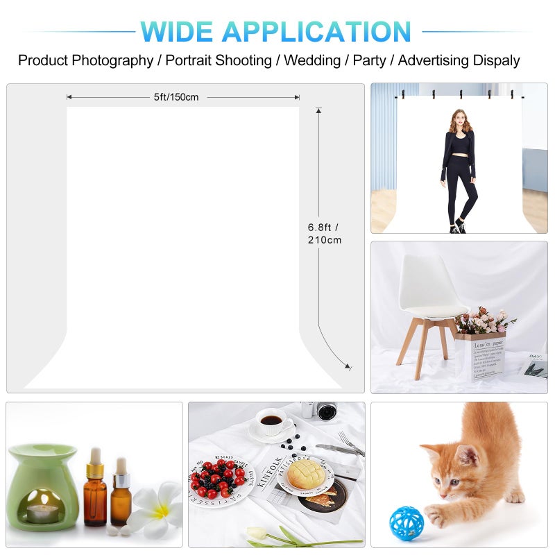 JEBUTU White Backdrop with Stand for Photoshoot, 5X6.5ft White Photo Backdrop with T Shape Background Backdrop Stand for Photography, Portable Photo Backdrop Curtain Stand Kit w Carrying Bag 5 Spring Clamps - Image 2