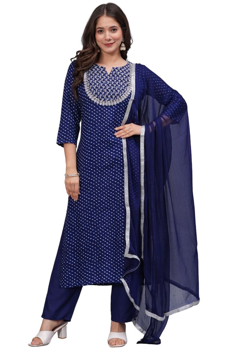 rytras Women's Embroidered Straight Kurta Set with Palazzo Pants & Dupatta- Ethnic Wear, Blue(RYT608-New,L) - Image 1
