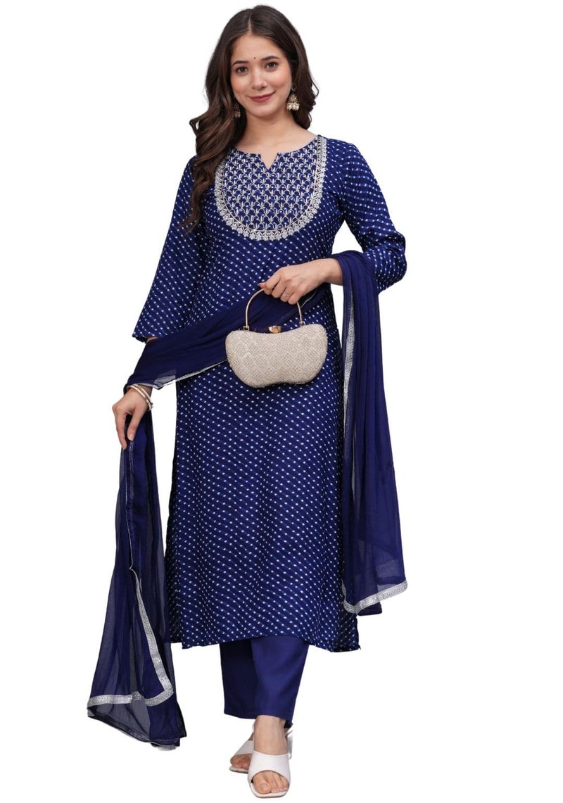 rytras Women's Embroidered Straight Kurta Set with Palazzo Pants & Dupatta- Ethnic Wear, Blue(RYT608-New,L) - Image 4