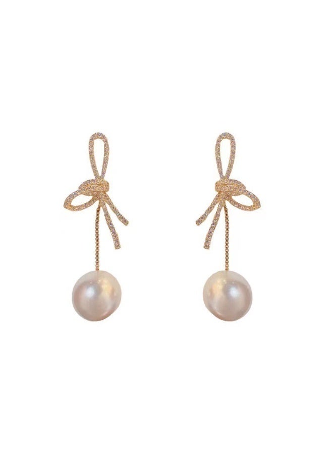 Fashionable and popular temperament high-end silver needle bow pearl earrings French design light luxury earrings - Image 1