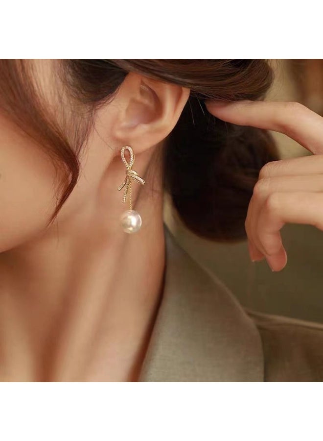 Fashionable and popular temperament high-end silver needle bow pearl earrings French design light luxury earrings - Image 3