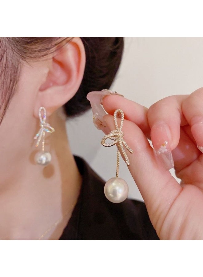 Fashionable and popular temperament high-end silver needle bow pearl earrings French design light luxury earrings - Image 2