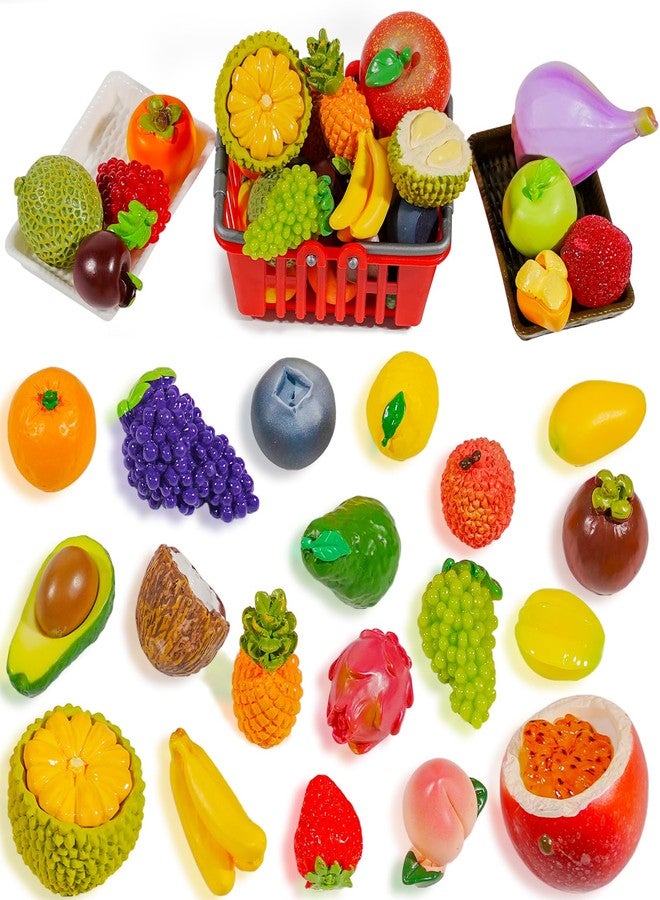 Exasinine 33pcs Miniature Fruits Figures Strawberry Peach Grapes Mini Resin Figures Artificial Fruit for Garden Kitchen Game Party Decor Cake Decoration - Image 1