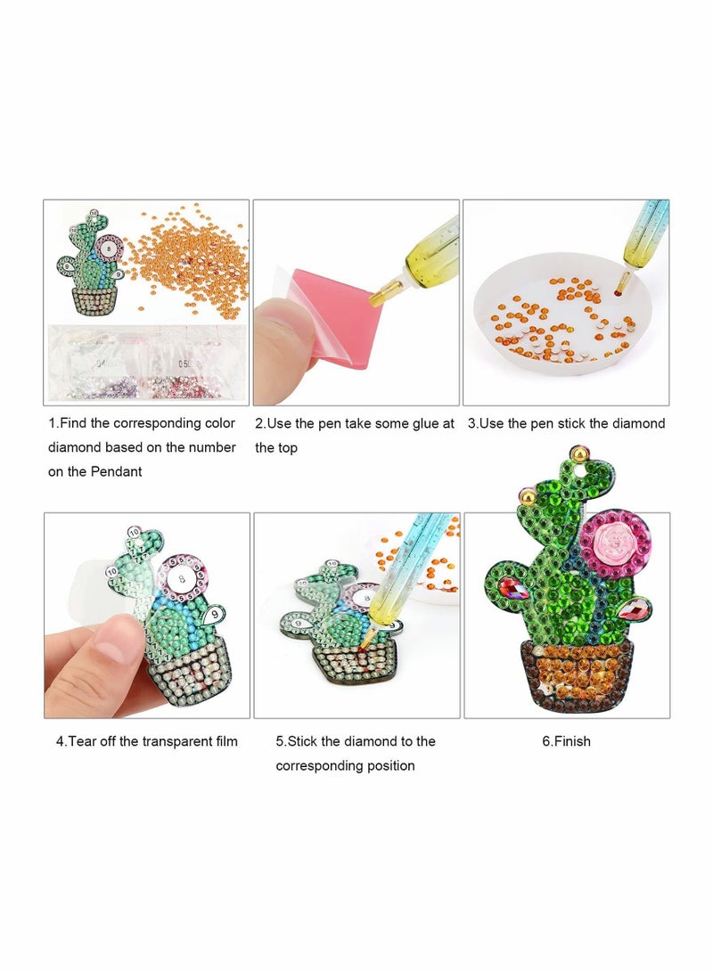 Y&D 4 Pieces DIY 5D Cactus Design Diamond Art Painting Keychain Kit for Beginners Adults, Double Sided Full Drill Rhinestone Key Chains Pendant Women Purse Backpack Handbag Decor - Image 4