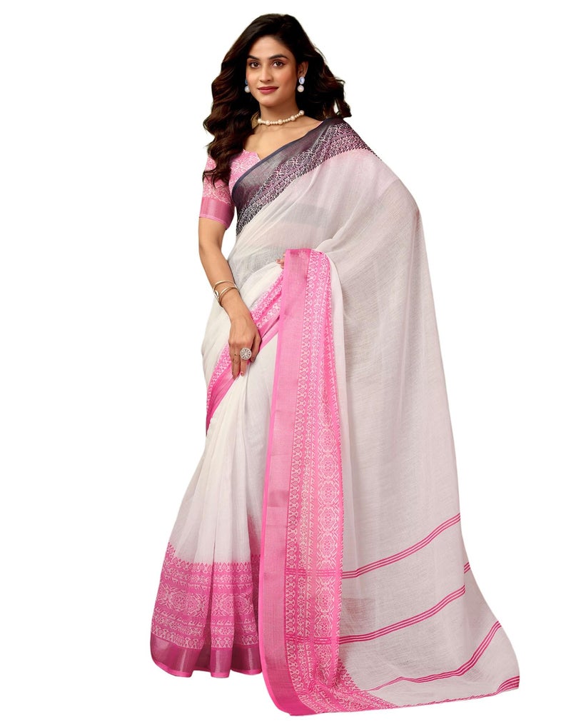 SIRIL Women's Cotton Linen Printed Ready to Wear Saree with Blouse, One Minute Saree Ready to Wear (34RS322_White) - Image 1