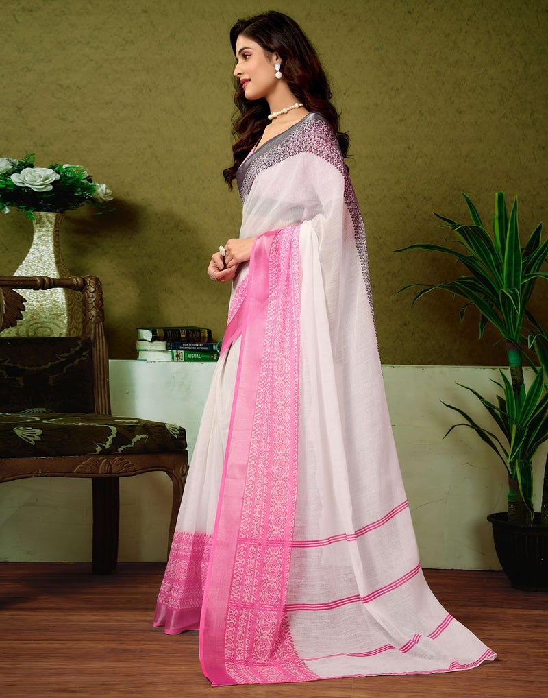 SIRIL Women's Cotton Linen Printed Ready to Wear Saree with Blouse, One Minute Saree Ready to Wear (34RS322_White) - Image 2