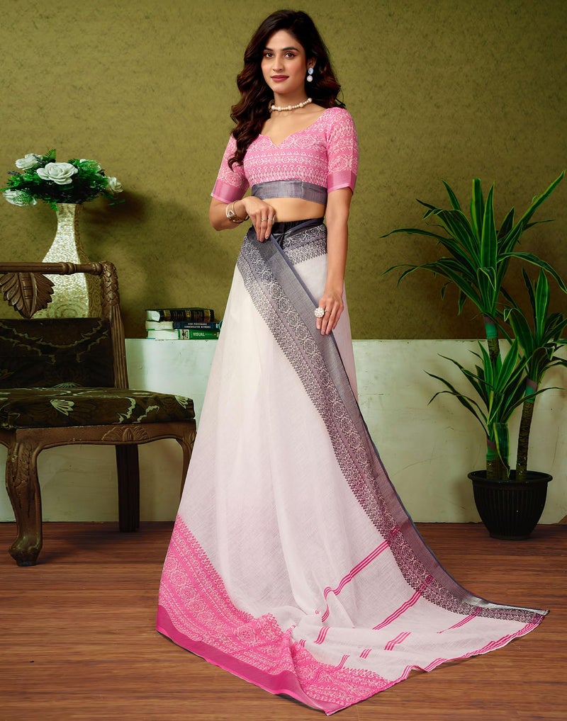 SIRIL Women's Cotton Linen Printed Ready to Wear Saree with Blouse, One Minute Saree Ready to Wear (34RS322_White) - Image 3
