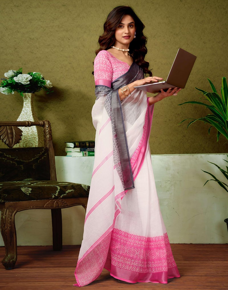 SIRIL Women's Cotton Linen Printed Ready to Wear Saree with Blouse, One Minute Saree Ready to Wear (34RS322_White) - Image 5