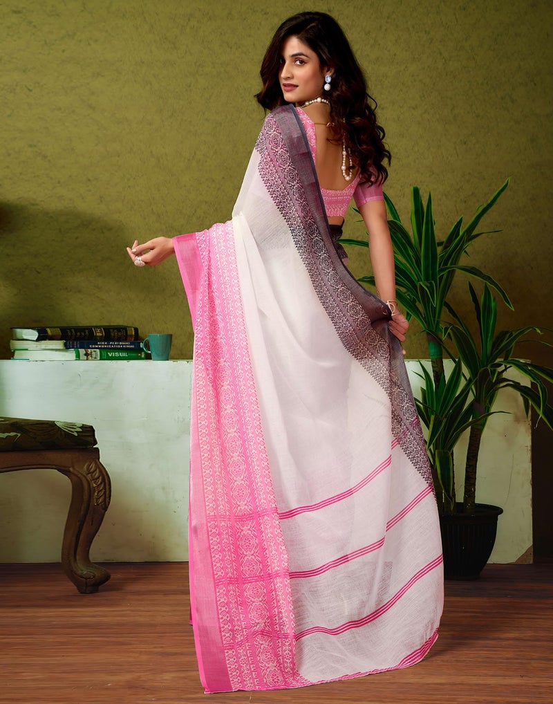 SIRIL Women's Cotton Linen Printed Ready to Wear Saree with Blouse, One Minute Saree Ready to Wear (34RS322_White) - Image 4