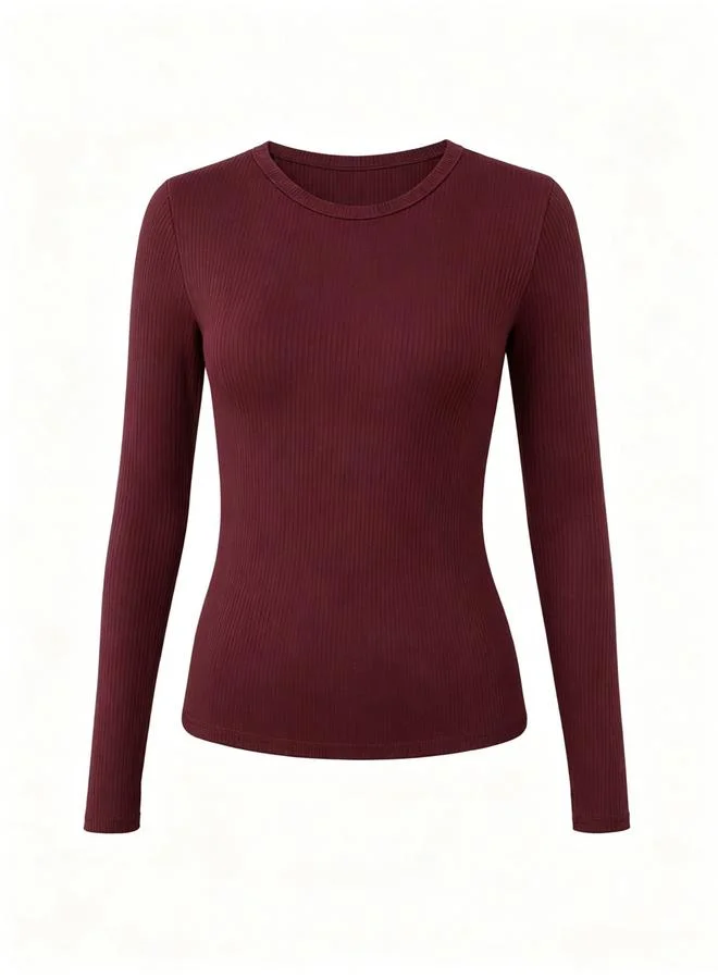 Take Two Burgundy Ribbed Long Sleeve Crew Neck Top
