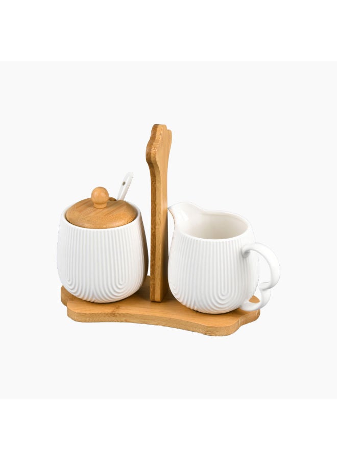 Zinnia Milk And Sugar Bowl Set With A Spoon Wooden Lid And A Wooden Stand