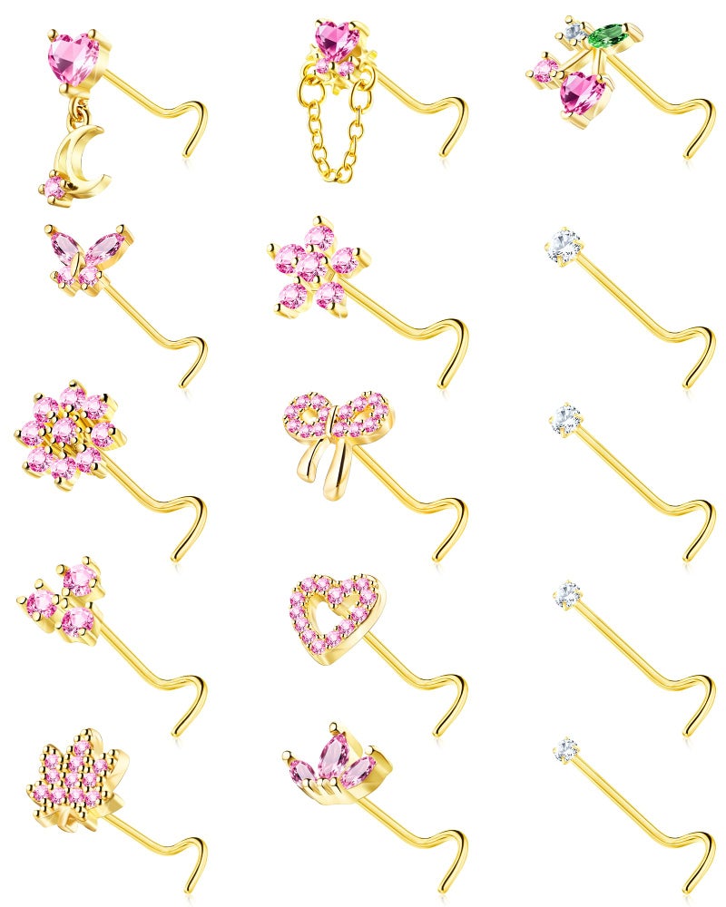 BSJ4U Nose Rings Corkscrew for Women Nose Piercings 20G Surgical Stainless Steel Gold Nose Studs Pink CZ Heart Butterfly Flower Cherry Bow Moon Dangle Nose Piercing Jewelry - Image 1