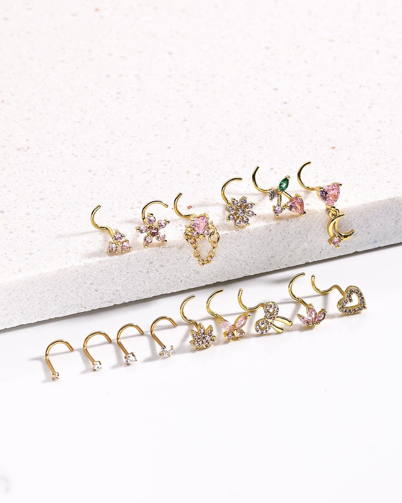 BSJ4U Nose Rings Corkscrew for Women Nose Piercings 20G Surgical Stainless Steel Gold Nose Studs Pink CZ Heart Butterfly Flower Cherry Bow Moon Dangle Nose Piercing Jewelry - Image 2
