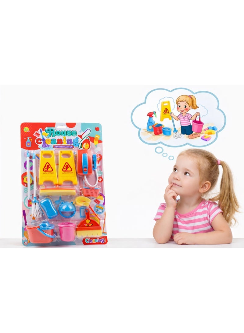 لعبه طقم تنظيف للأطفال أدوات تنظيف بيتى للتقليد وتمثيل الأدوار، مكنسة ومقشه وجاروف/جوفه ومساحة/ممسحة مع جردل ورشاش وادوات تنضيف، لعبه ترتيب البيت وتنمية المسؤولية والمهارات الحركية للأولاد والبنات 3 سنين+