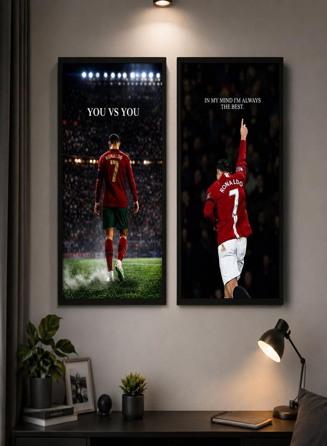 Artsense Cristiano Ronaldo Motivational Wall Painting Set of 2 for Study Room & Office | Framed Football Inspiration Wall Art with You vs You Quote | Premium Black Frame Sports Decor for Boys Room Gym Home Office - Image 1