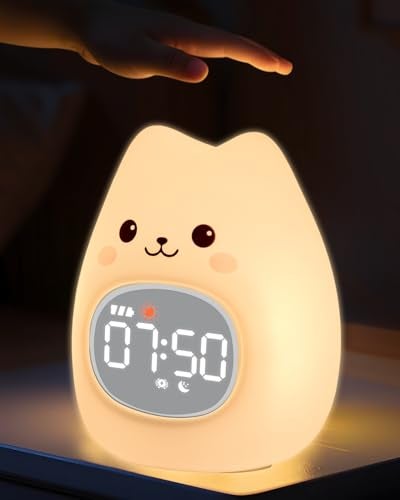 Yiliaw Cat Alarm Clock for Kids with Night Light Sleep Training Clock Time to Wake Clock Rechargeable Silicone Light for Bedroom Perfect Sleep Companion for Boys Girls - Image 1