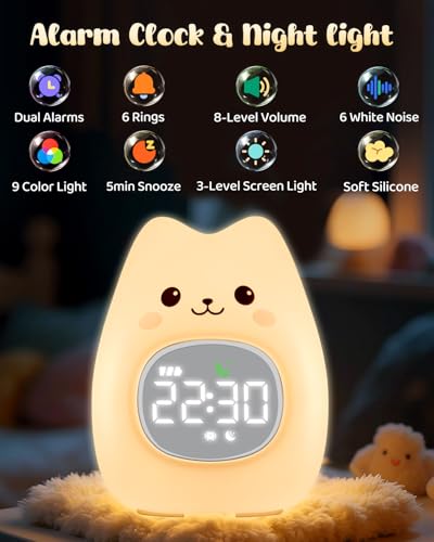 Yiliaw Cat Alarm Clock for Kids with Night Light Sleep Training Clock Time to Wake Clock Rechargeable Silicone Light for Bedroom Perfect Sleep Companion for Boys Girls - Image 3