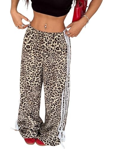 ZAFUL Womens Side Striped Pant Baggy Wide Leg Sweatpants Elastic Waisted Contrast Stripes Loose Fit Trousers(4-Apricot Leopard,S) - Image 1