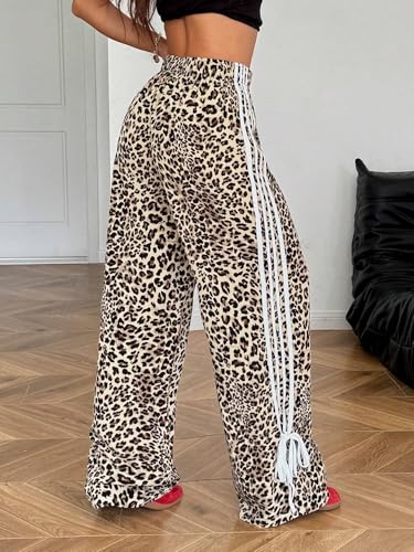 ZAFUL Womens Side Striped Pant Baggy Wide Leg Sweatpants Elastic Waisted Contrast Stripes Loose Fit Trousers(4-Apricot Leopard,S) - Image 3