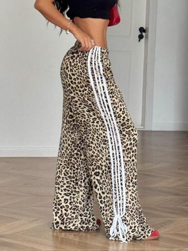ZAFUL Womens Side Striped Pant Baggy Wide Leg Sweatpants Elastic Waisted Contrast Stripes Loose Fit Trousers(4-Apricot Leopard,S) - Image 5