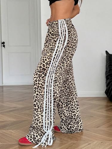 ZAFUL Womens Side Striped Pant Baggy Wide Leg Sweatpants Elastic Waisted Contrast Stripes Loose Fit Trousers(4-Apricot Leopard,S) - Image 4
