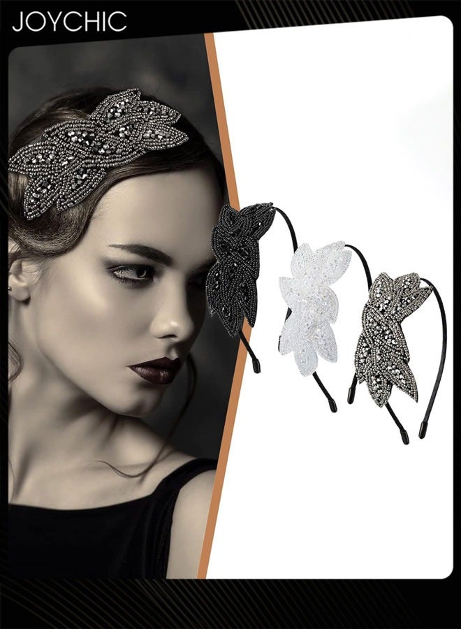 Joychic 3 Pieces Headpiece Beaded Leaf Headbands Rhinestone Hairbands for Women Girls Vintage Crystal Hair Accessories for Costume Party - Image 1