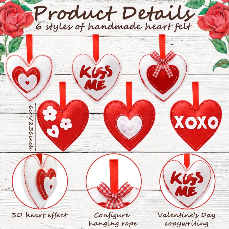 Remagr 24 Pcs Valentines Day Tree Decorations Felt Heart Ornaments Valentines XOXO Kiss Me Hanging Ornaments Hanging Decor for Door Wall Mantel Decoration Arts Crafts Supplies Gift - Image 4