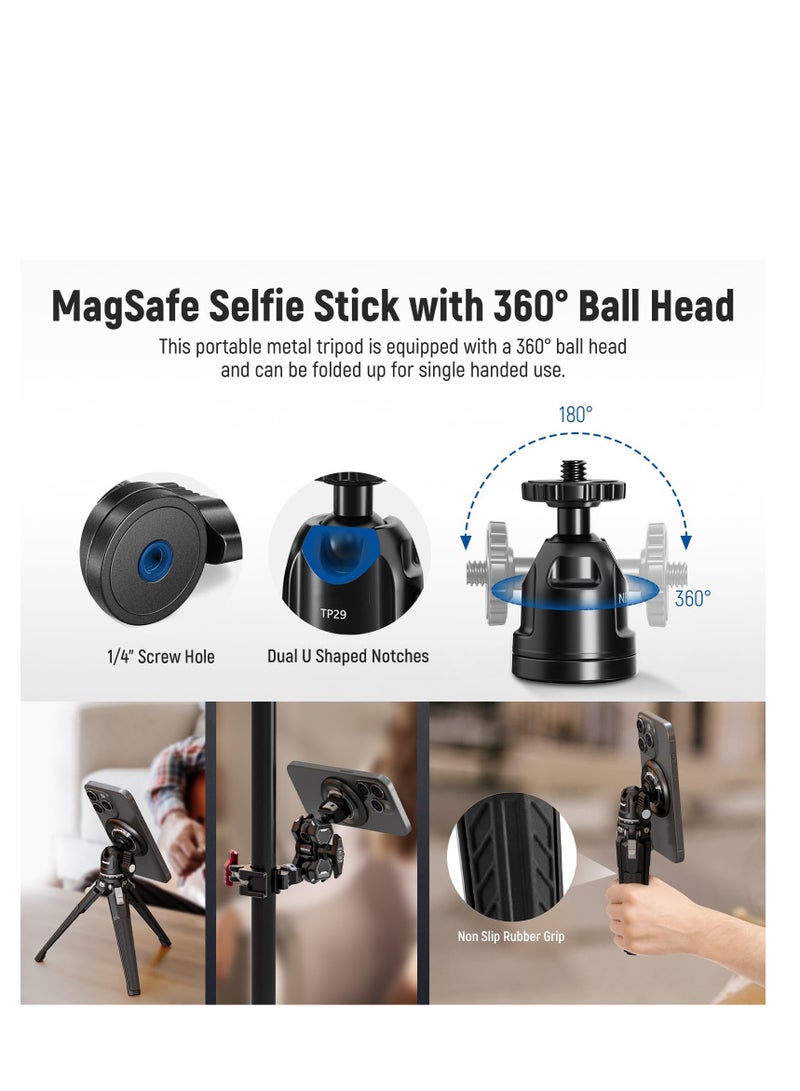 SYOSI Magnetic Phone Tripod Set, Single Hand Grip Selfie Stick Metal Tabletop Mini Tripod with 360° Ball Head, Compatible with MagSafe iPhone 15 Pro Max 14 13 12 Series, 1/4" Threads, PA010+TP29  - Image 3