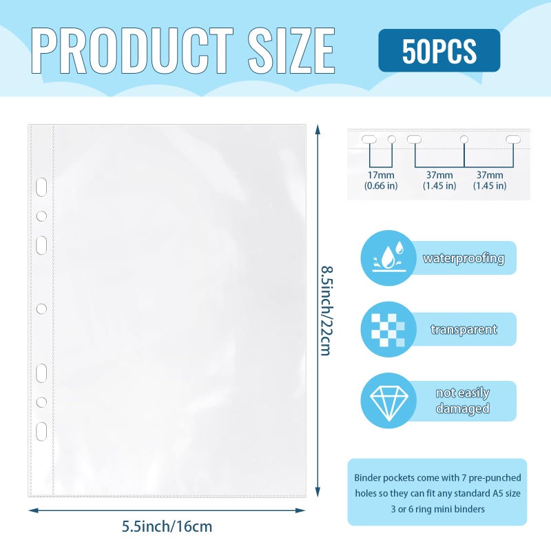VOKOY 50 Pack 5.5x8.5 Inch Sheet Protectors for 3 or 6 Ring A5 Binder, Half Letter Size 7 Holes Mini Heavy-Duty Sheet Protector Sleeves Crystal Clear Playbill Binder Pockets - Image 2