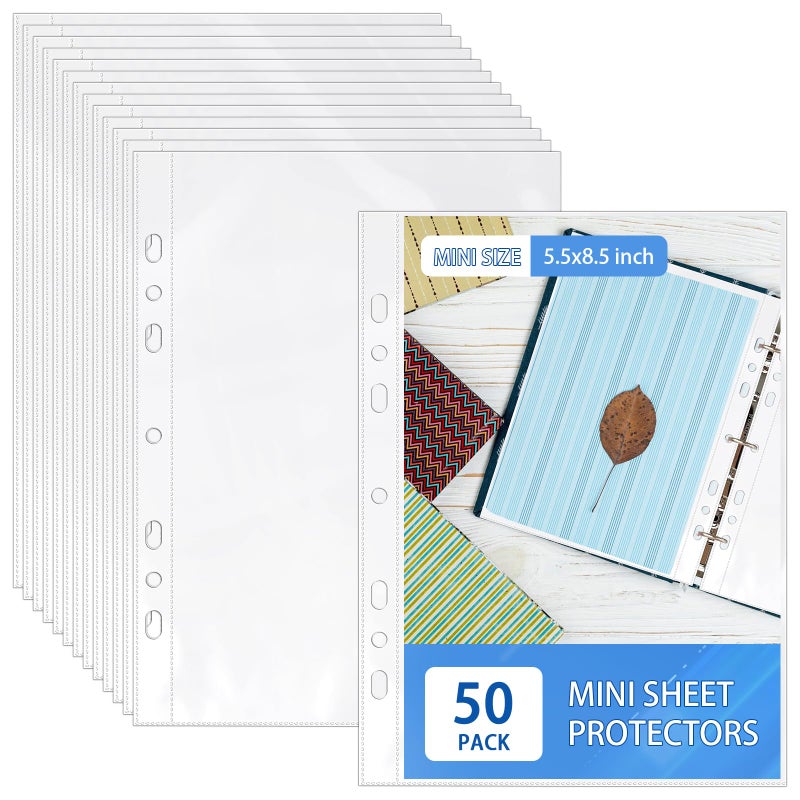VOKOY 50 Pack 5.5x8.5 Inch Sheet Protectors for 3 or 6 Ring A5 Binder, Half Letter Size 7 Holes Mini Heavy-Duty Sheet Protector Sleeves Crystal Clear Playbill Binder Pockets - Image 1