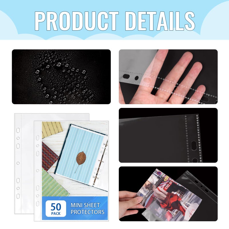 VOKOY 50 Pack 5.5x8.5 Inch Sheet Protectors for 3 or 6 Ring A5 Binder, Half Letter Size 7 Holes Mini Heavy-Duty Sheet Protector Sleeves Crystal Clear Playbill Binder Pockets - Image 3