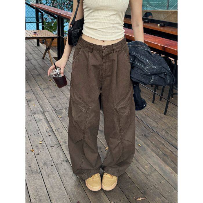 American retro washed cotton deconstructed design sense multi-pocket pleated work pants trendy loose straight pants for men and women - Image 3
