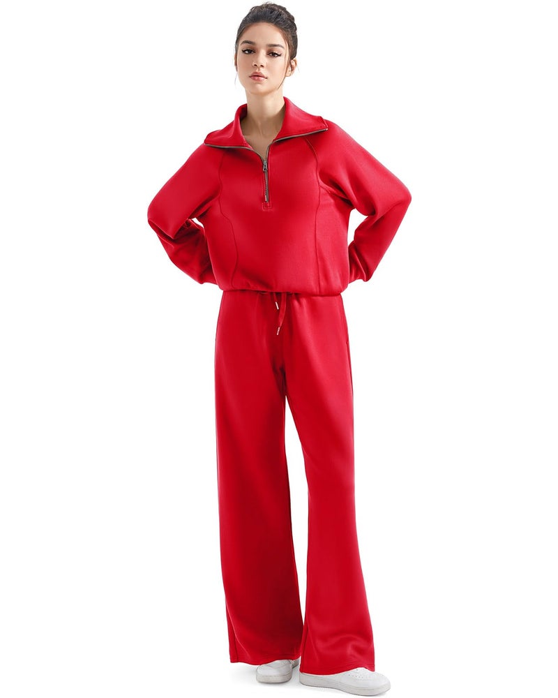 SUUKSESS Women 2 Piece Lounge Matching Sets Wide Leg Sweatpants Half Zip Oversized Sweatshirts (Red, XL) - Image 5
