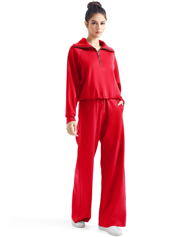 SUUKSESS Women 2 Piece Lounge Matching Sets Wide Leg Sweatpants Half Zip Oversized Sweatshirts (Red, XL) - Image 4
