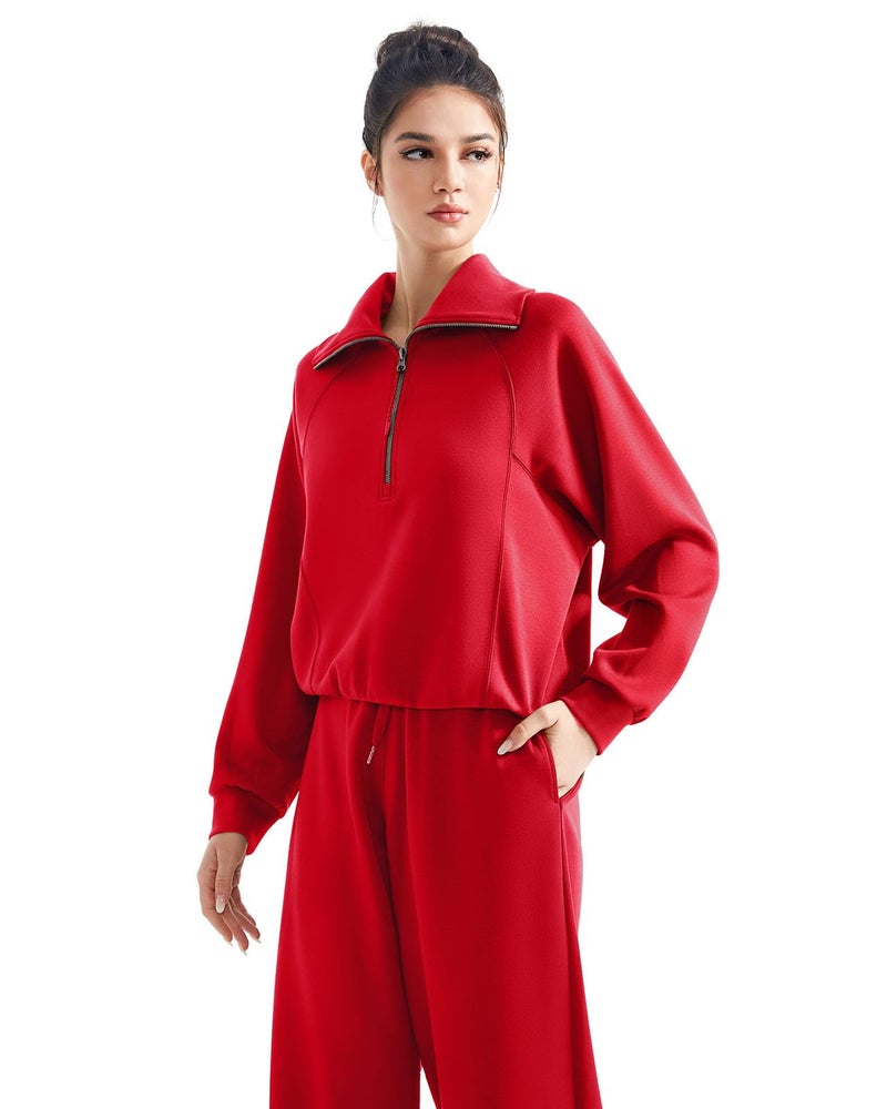 SUUKSESS Women 2 Piece Lounge Matching Sets Wide Leg Sweatpants Half Zip Oversized Sweatshirts (Red, XL) - Image 2