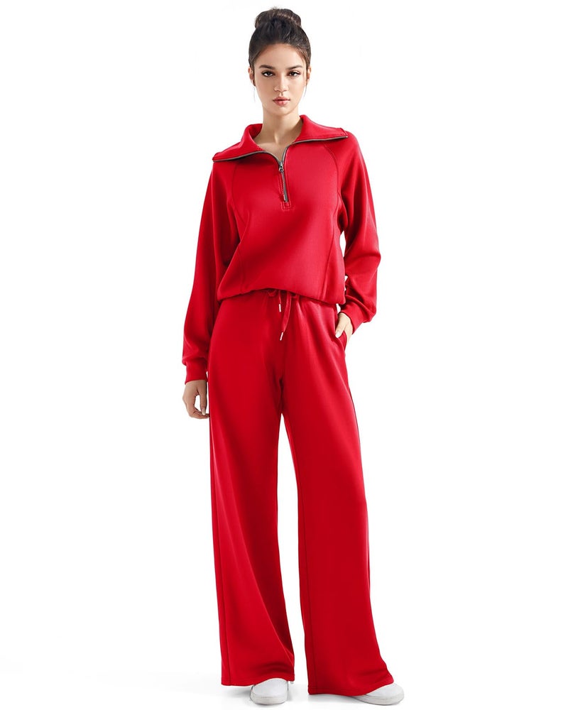 SUUKSESS Women 2 Piece Lounge Matching Sets Wide Leg Sweatpants Half Zip Oversized Sweatshirts (Red, XL) - Image 1