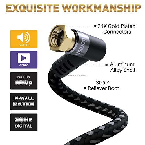 Adoreen Coaxial Cable 3 ft-2 Pack-Right Angle to Angle Quad Shielded 90 Degree RG6 Coax Cable Cord, Male F Gold-Plated Nylon-Braided,in-Wall,Digital TV Aerial AV with Male to Female Adapter+15 Ties - Image 4