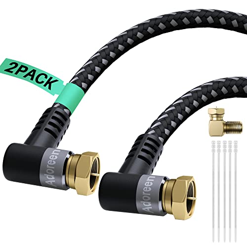 Adoreen Coaxial Cable 3 ft-2 Pack-Right Angle to Angle Quad Shielded 90 Degree RG6 Coax Cable Cord, Male F Gold-Plated Nylon-Braided,in-Wall,Digital TV Aerial AV with Male to Female Adapter+15 Ties - Image 1