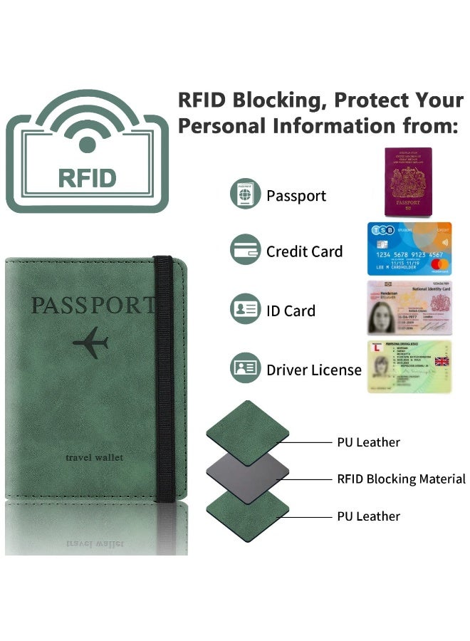 حامل جواز السفر حالة غطاء المحفظة ، حالة جواز السفر مع حظر RFID ، حامل وثيقة السفر الجلدية PU للرجال والنساء إكسسوارات السفر (الأخضر) - Image 2
