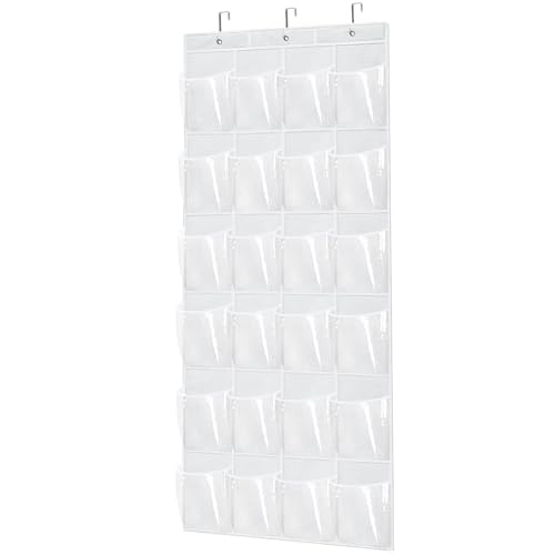 Bofoho Over The Door Shoe Organizer with 24 Clear Pockets and Metal Hooks – Heavy Duty Hanging Shoe Storage Rack for Closet, Bathroom, Dorm – Space Saving Organizer for Shoes, Accessories, Toys (White) - Image 1