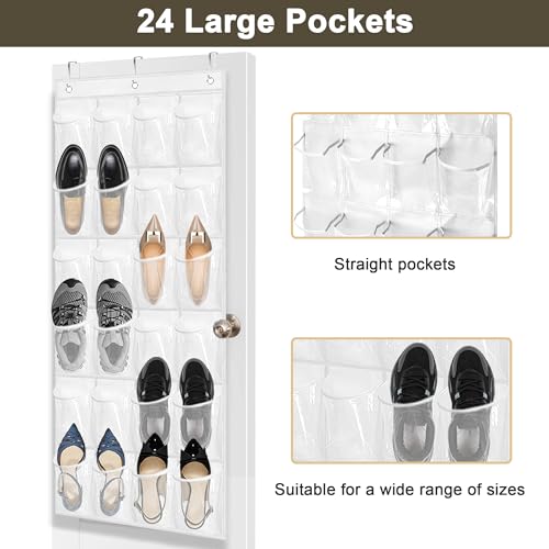 Bofoho Over The Door Shoe Organizer with 24 Clear Pockets and Metal Hooks – Heavy Duty Hanging Shoe Storage Rack for Closet, Bathroom, Dorm – Space Saving Organizer for Shoes, Accessories, Toys (White) - Image 4