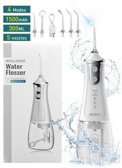 Xoopla Cordless Water Flosser Teeth Cleaner, 300ML Cleanable Water Pick Teeth Water USB C 1500 mAh Rechargeable Oral Irrigator IPX6 Waterproof, 4-Mode Dental Water Flosser with 5 Jet Tips for Home,Travel-White  - Image 1
