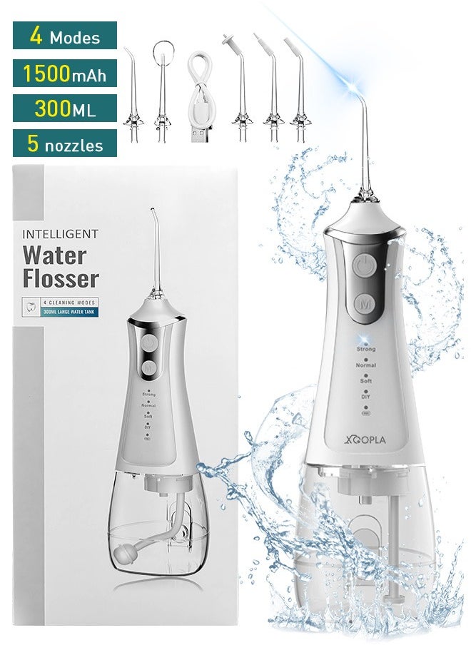 Xoopla Cordless Water Flosser Teeth Cleaner, 300ML Cleanable Water Pick Teeth Water USB C 1500 mAh Rechargeable Oral Irrigator IPX6 Waterproof, 4-Mode Dental Water Flosser with 5 Jet Tips for Home,Travel-White  - Image 1